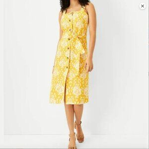 Ann Taylor Yellow & White Floral Belted Button Dress in Squash Blossom 12 P